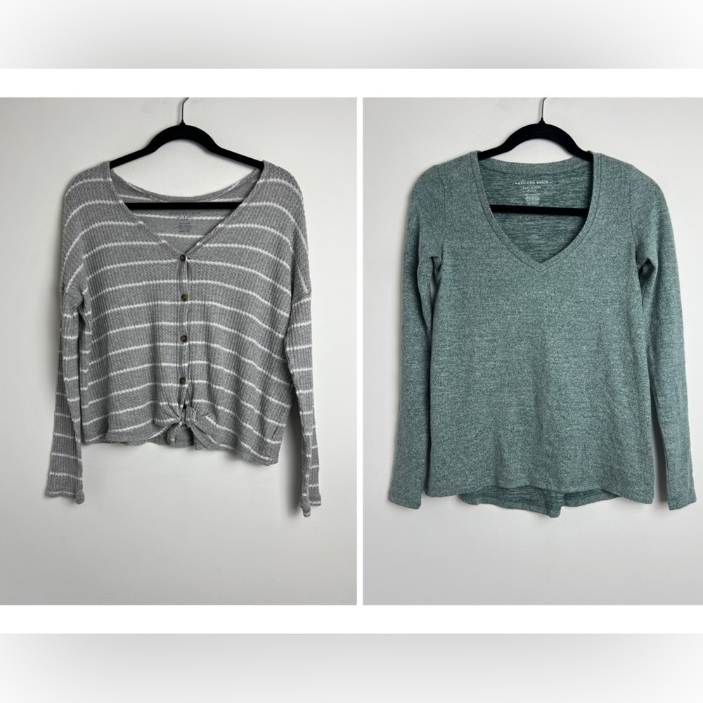 American Eagle Soft & Sexy Bundle X2 Gray Waffle Knit Green Plush‎ Top Size XS
